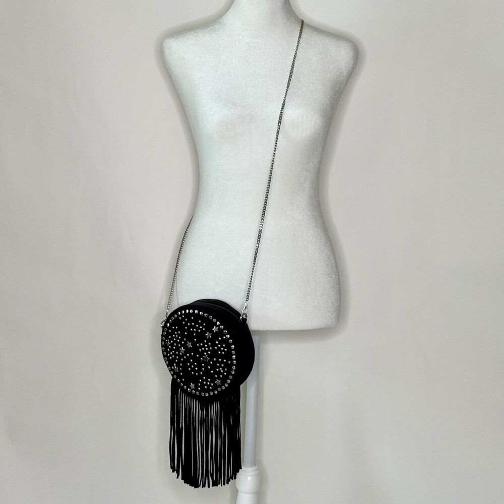 EARTHBOUND Trading Co Zip Black Purse Suede Fringe Accent Silver Stars Crossbody